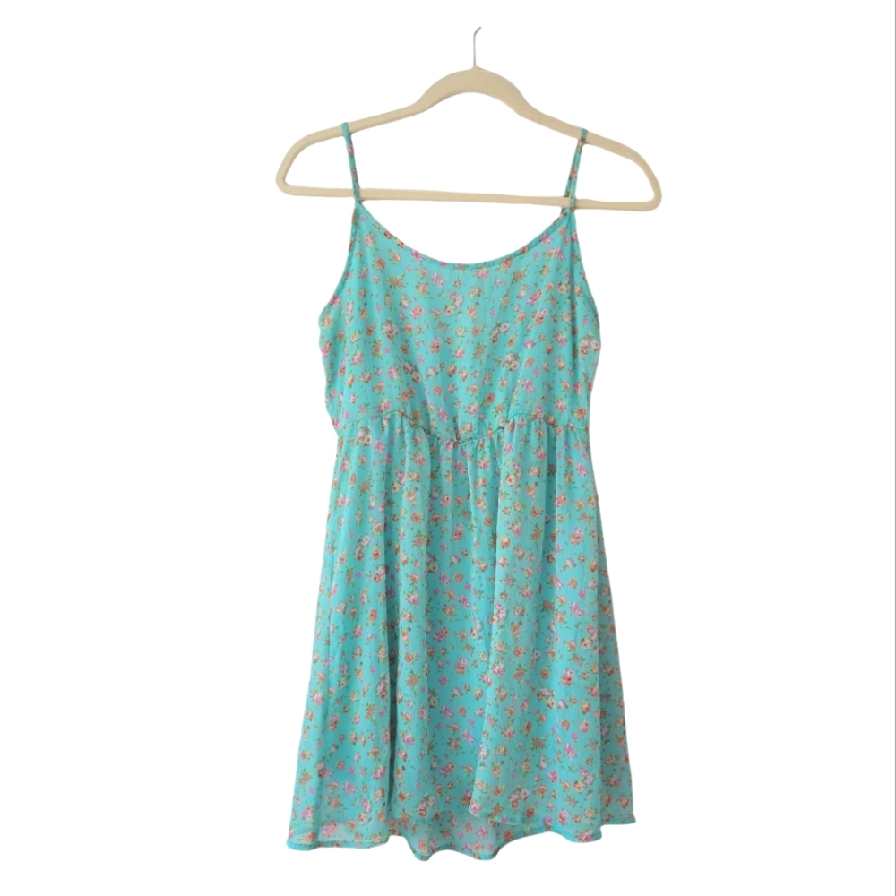 GARAGE Floral Spaghetti Strap Teal Micro Dress